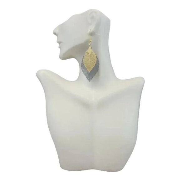 Golden and Black Skeleton Leaf two layer Dangle Earrings - Picture 7 of 8